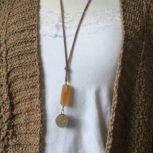 Handcrafted long leather gemstone necklace